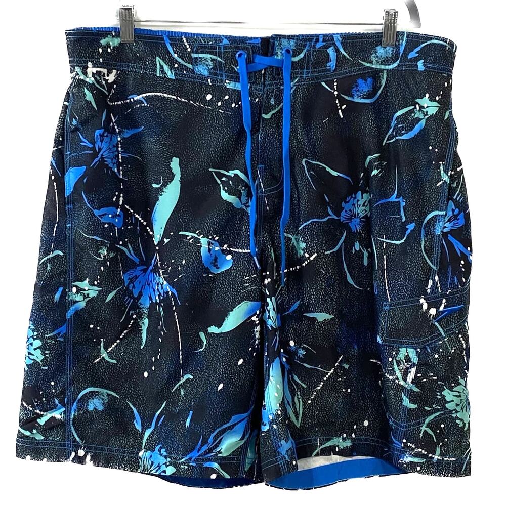 Speedo Men's Floral Swim Trunks Blue Black XL Drawstring Waist Pockets Lined